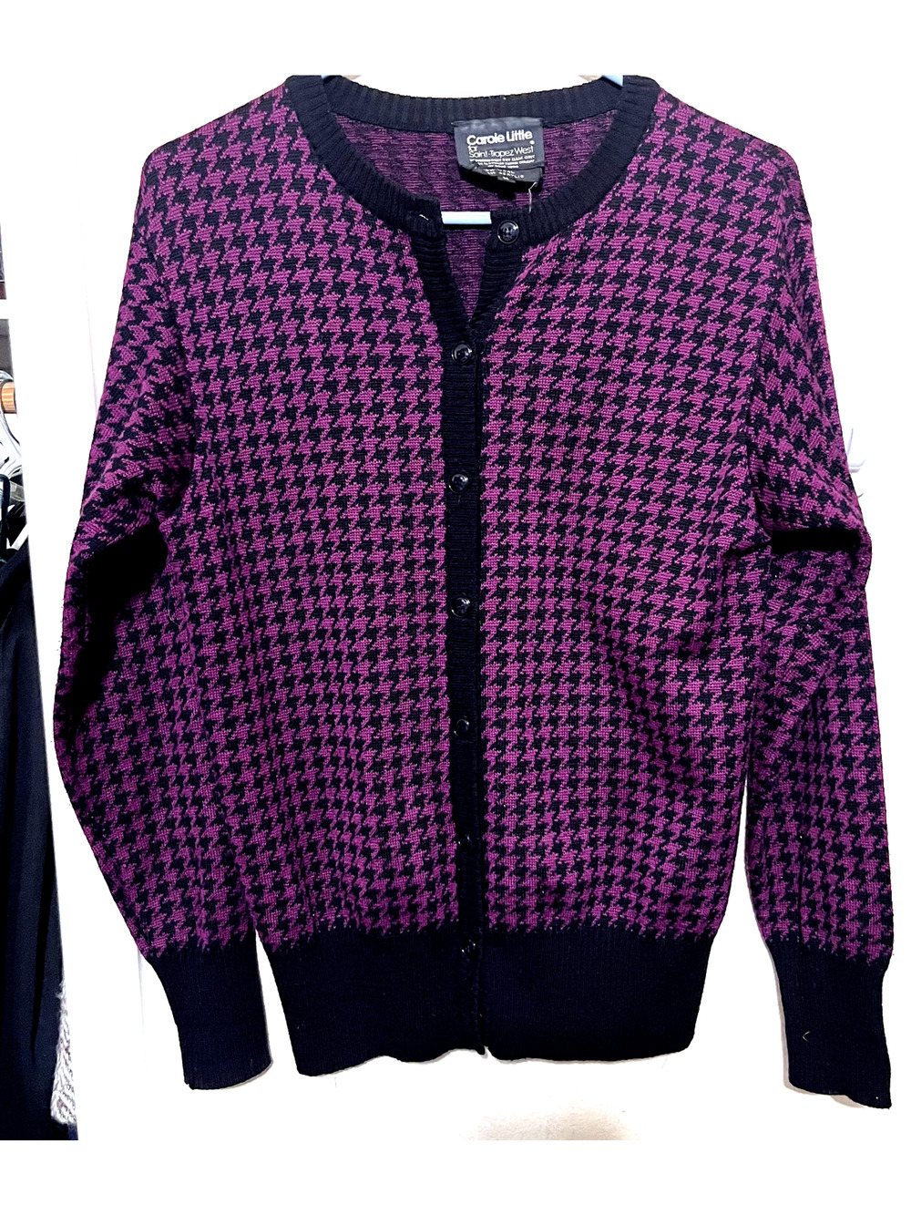Carole Little‎ cardigan sweater Womens sz M Wool Houndstooth Burgundy Black